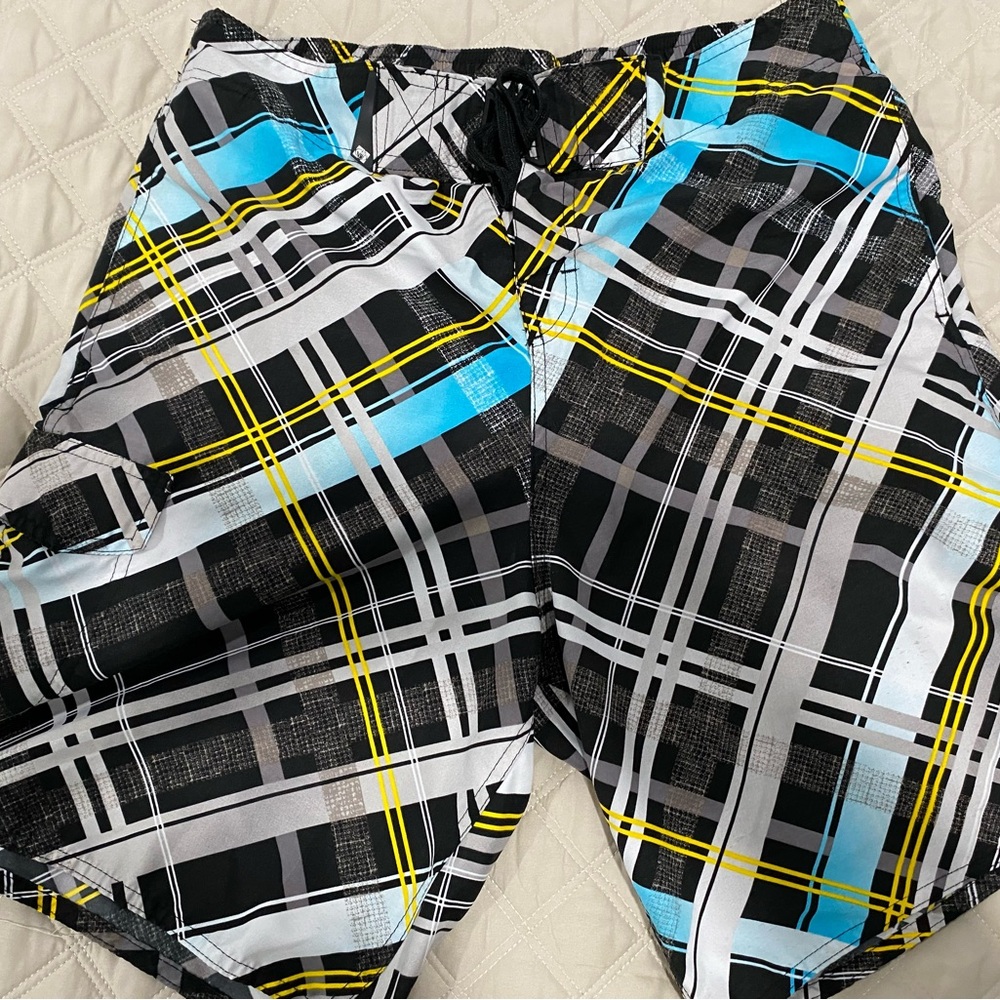 Body Glove Men's Plaid Swim Trunks - Black, Blue, Yellow